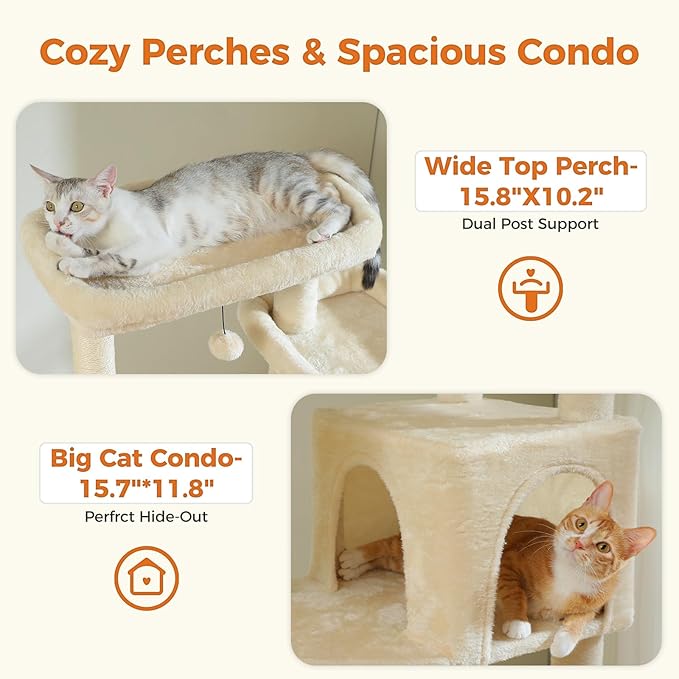 PETEPELA 69" Tall Cat Tree for Indoor Large Cats, Cat Tower for Adult Cats with Big Hammock, Cat Climbing Tree Tower with Scratching Posts, Condo House and Large Top Perch, Beige