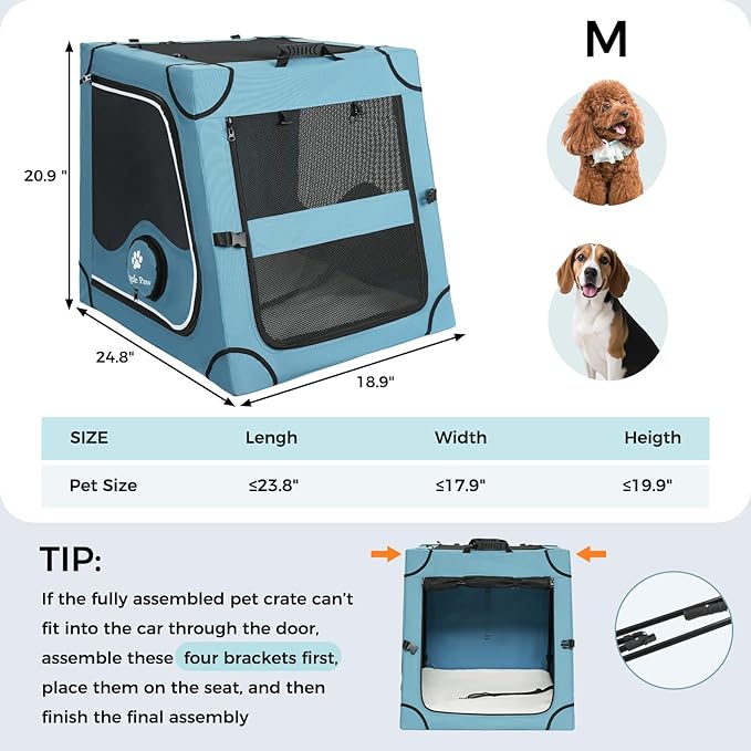 Snagle Paw Portable Dog Crate for Car Travel,Metal Frame Pet Crate,Pet Carrier for Car Back Seat Secures with Headrest Strap and Seatbelt,M