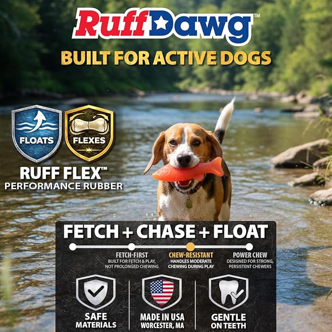Ruff Dawg Flying Minnow Floating Dog Toy – (1 pc) Assorted Colors – Durable Rubber Fetch & Water Toy with Rope Hole – Gentle on Teeth, BPA & Latex Free – Made in USA