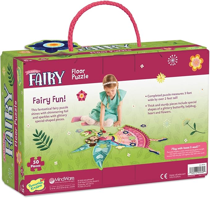 Peaceable Kingdom Shimmer & Glitter Fairy Floor Puzzle – 50pc Giant Floor Puzzle for Kids Ages 5 & up – Fun-Shaped Puzzle Pieces – Great for classrooms
