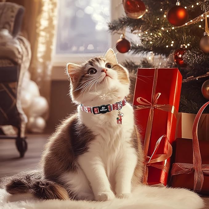 2 Pack Christmas Cat Collars - Breakaway Cat Collar with Bell, Christmas Tree and Reindeer Pendant, Winter Adjustable Kitten Collars for Girl Boy Cats, Pink Santa &Fair Isle