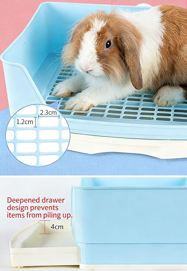 Large Rabbit Litter Box,Corner Potty Trainer with Drawer for Small Animals, Easy Clean Bedding Toilet for Adult Bunny, Guinea Pig, Ferret, Hamster (Blue)