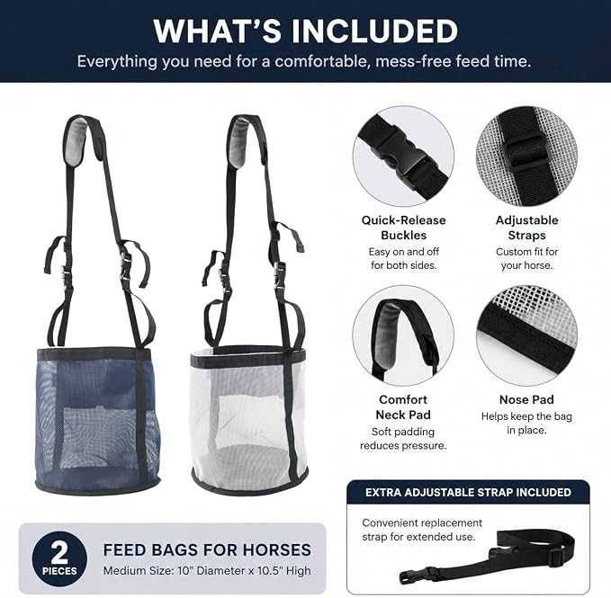 Horse Feed Bag,Heavy Duty Muzzle Feed Bag with Adjustable Strap,Comfort Neck Pad,Nose Pad and Double Waterproof Bottom Mesh Feed Bags for Horse Pack of 2 (Dark Blue & Grey)