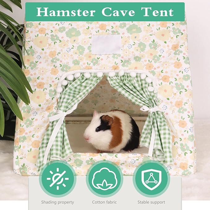 Hamster Hideout Tent with Curtain,Bunny Hideout, Machine Washable Guinea Pig Hide Tent Houses & Habitats, Triangular Hideout Shelter Small Animal Bed,Ferret, Rat, Chinchilla, Squirrel（flower）