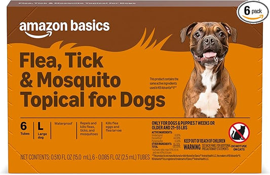 Amazon Basics Preventative Flea, Tick & Mosquito Topical Treatment for Large Dogs (21-55 pounds), 6 Count, Packaging May Vary