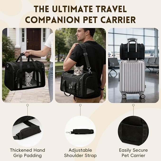 Cat Carrier Soft, Dog Carriers for Small Dogs/Large Cats (Up to 16lbs), with High Breathability, Shoulder Strap, Removable Pad, Pet Carrier Airline Approved, for Home Outdoor Travel (Black)