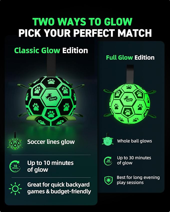 QDAN Glow in the Dark Dog Ball with Straps, No Charge Fetch & Tug Toy, 6 Inch Soccer Ball for Small & Medium Dogs, Great Birthday Gift for Pets