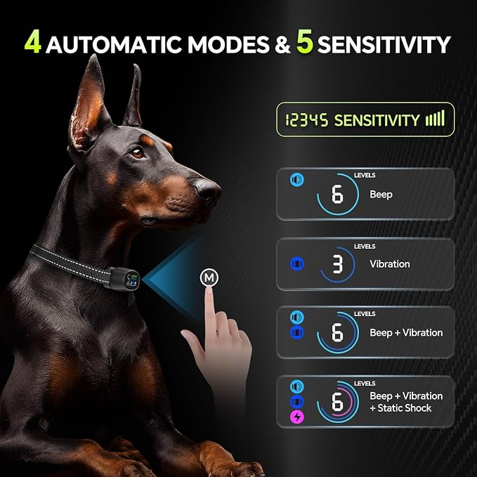 Dog Bark Collar with Remote – 2-in-1 Automatic & Manual Modes, Smart Anti Bark Dog Training Collar with Beep, Vibration & Shock, 330FT Range, IP67 Waterproof, Rechargeable (8-150lbs)