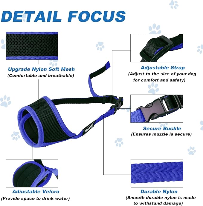 Dog Muzzle, Soft Mesh Nylon Design with Adjustable Neck Strap, Allows Panting and Drinking, for Grooming, Walks, and Scavenging Prevention - Blue, Medium