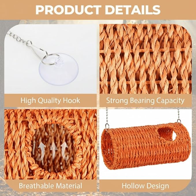 CroBlissful Reptile Hide Cave Hollow Cave Hideout with 2 Pcs Suction Cup and Chain Gecko Hide Reptile Tank Decor Seagrass Fiber Climbing Toy for Lizard Snake Hermit Crab (Long Cylindrical,Orange)