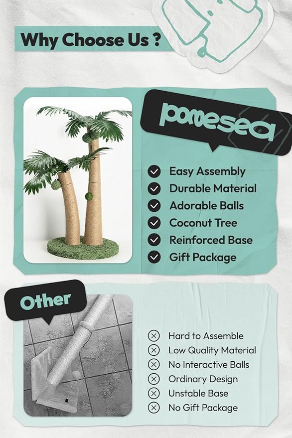 33" Tall Cat Scratching Post, Natural Jute Cat Scratcher for Indoor Cats, Double Coconut Tree Design with Hanging Toy Ball & Rest Platform,Stable Furniture Protector for Kittens & Adult Cats,M
