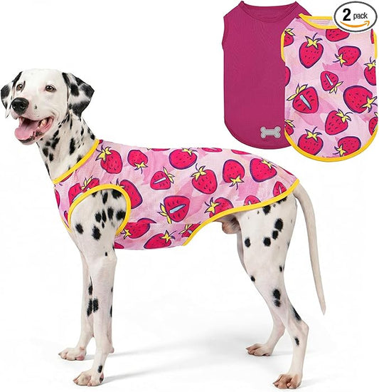 KYEESE 2Pack Dog Shirt, Lightweight Sun Protection Dog T Shirts for Medium Large Dogs Girl, Breathable Mesh Tank Top Sleeveless Pet Reflective Vest, Soft Summer Dogs Clothes, Strawberry+Rose Red, 2XL