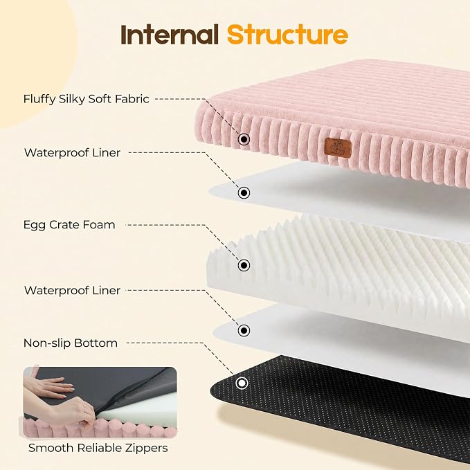 Orthopedic Dog Bed for Large Dog, Waterproof Pet Bed for Crate,Non-Slip Bottom and Egg-Crate Foam with Removable Washable Cover Crate Bed,Pink,35"x22"x3"