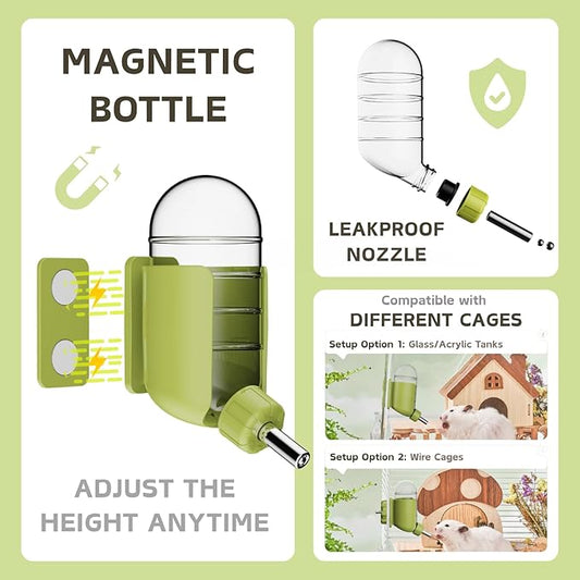 Magnetic Hamsters Feeding Set Freestanding Water Bottle Food Bowl for Glass Tanks, Suitable for Syrian Dwarf Hamsters Gerbils Mice Rats Degus (Green, Magnetic-Mounted)
