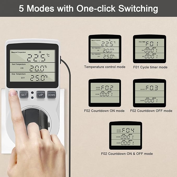KETOTEK Digital Thermostat Outlet Plug Temperature Controller Outlet Socket 120V Heating Cooling Control 110V 15A Celsius Fahrenheit Display White