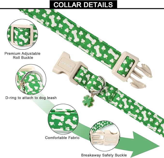Lionet Paws St. Patrick Dog Collar- Cute Clover Bone Green Dog Collars with Plastic Buckle, Light Adjustable Dog Collars with Clover Pendant for Medium Dogs