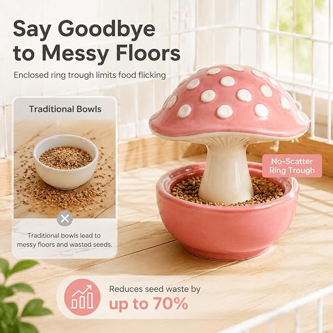 Ceramic Mushroom Bird Feeder No Mess, Spill Proof Bird Food and Water Bowl for Cage, Covered Dispenser for Parakeet, Budgie, Cockatiel, Lovebird, Hamster Accessories, 4.3" Tall