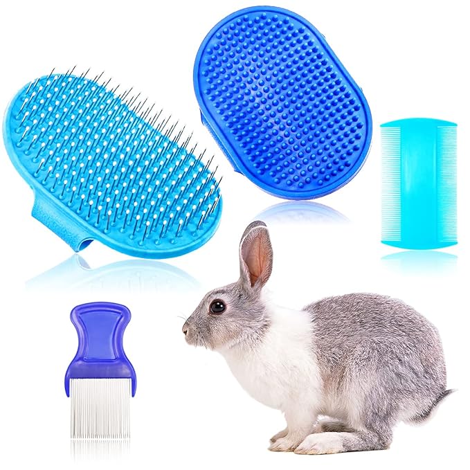 4 Pieces Bunny Grooming Kit - Hair Remover, Brush, Steel Comb, and Double-Sided Comb for Guinea Pigs & Rabbits