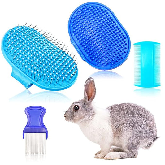 4 Pieces Bunny Grooming Kit - Hair Remover, Brush, Steel Comb, and Double-Sided Comb for Guinea Pigs & Rabbits