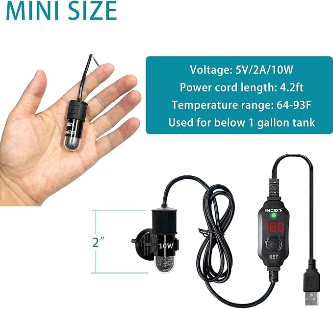 Mini Submersible Aquarium Heater, 25/50/100/150/200/300 Watts Adjustable Fish Tank Heater, Built-in Thermometer, External Temperature Controller, Smart Memory (10 Watts(USB))