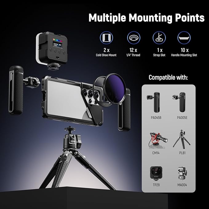 NEEWER S25 Ultra Phone Cage, Mobile Video Rig Phone Stabilizer with 67mm Filter Adapter, 17mm Lens Backplate, T Mount Adapter Compatible with Moment Samsung Galaxy S25 Ultra, 1x Cleaning Cloth, PA082