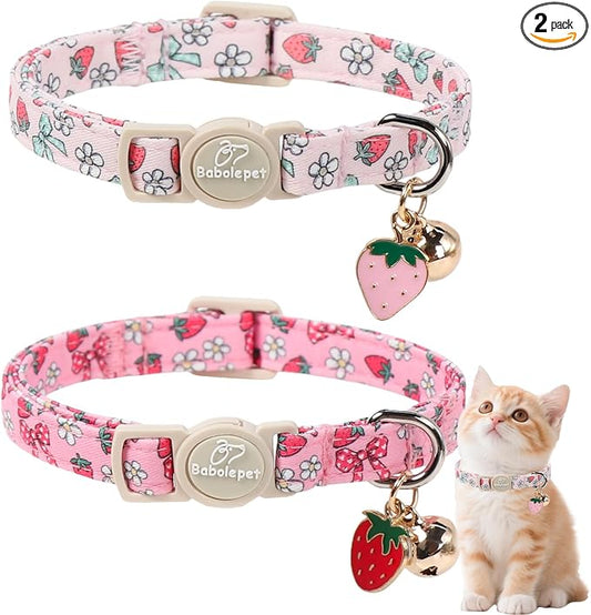 2 Pack Strawberry Cat Collars - Cute Girly Pink Breakaway Cat Collar with Bell & Matching Pendant, Adjustable Spring Summer Sweet Garden Kitten Collars for Girl Cats