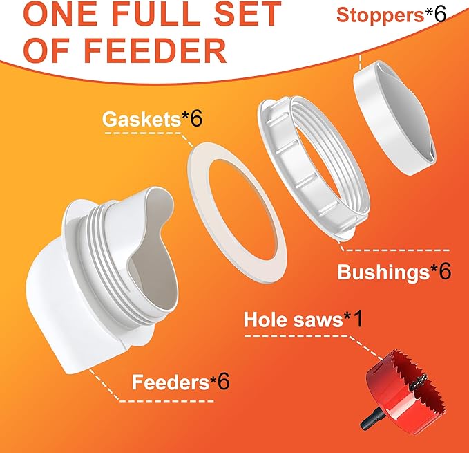 ZenxyHoC Chicken Feeders No Waste, DIY Automatic Poultry Feeder 6 Ports 1 Hole Saw with Covers Gravity Feed Kit for Buckets Barrels Bins Troughs (White)