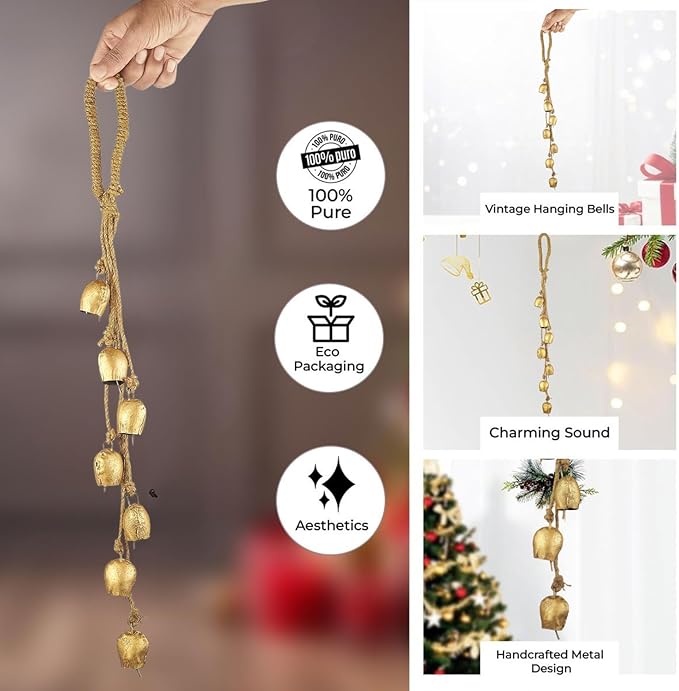 Bellshub Rustic Vintage 7-Bell Cluster Handmade 2" Metal Harmony Bells – 18" Hanging | Farmhouse Wall Décor, Wind Chime, Lucky Charm Bells for Home, Porch, Door Dog Bell Garden Decorations