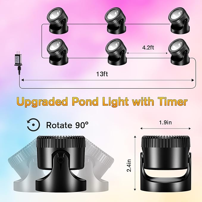 POPOSOAP LED Underwater Pond Lights 6-Head, IP68 Waterproof Pond Lights with 8H Timer Function, 90° Rotatable Design & Gravity Base Fountain Lights for Pond, Fountain, Waterfall, Aquarium, Pool-P64H