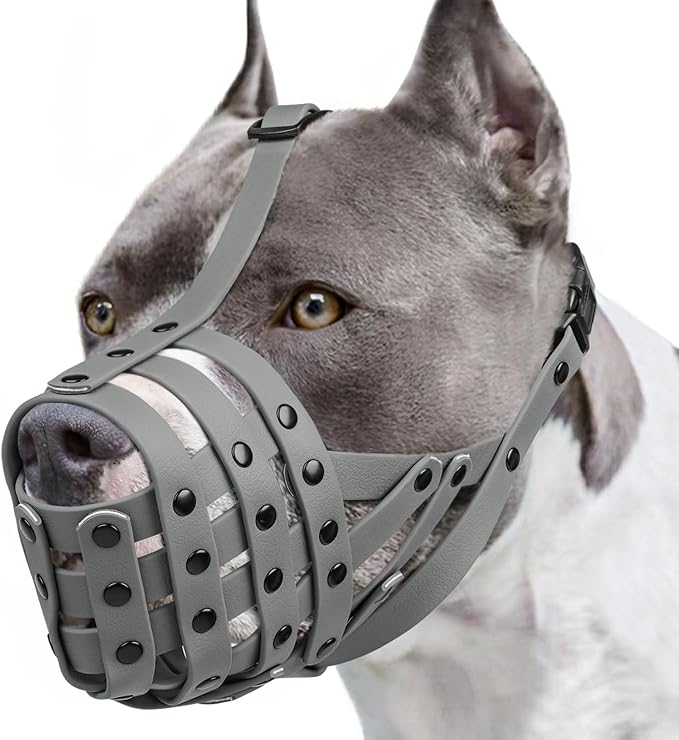 Mayerzon Pitbull Muzzle, Lightweight Basket Muzzle for Large Medium Dogs Rottweiler Amstaff to Prevent Biting Eating, Safe for Grooming Vet Visits Training, Allows to Pant Drink, Adjustable & Sturdy