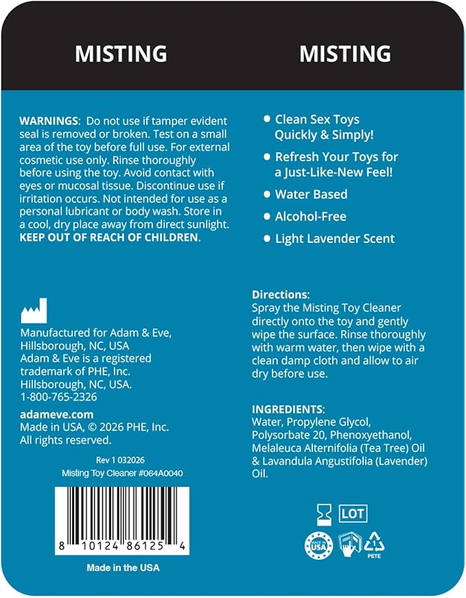 Adam & Eve Sex Toy Cleaner, 4 In 1 Pure And Clean Misting Spray, Fast Acting Misting Spray For Adult Toys, Vibrators, Dildos, Fresh Scent, Water Based Formula Perfect for Gifting, No Residue, 4 oz