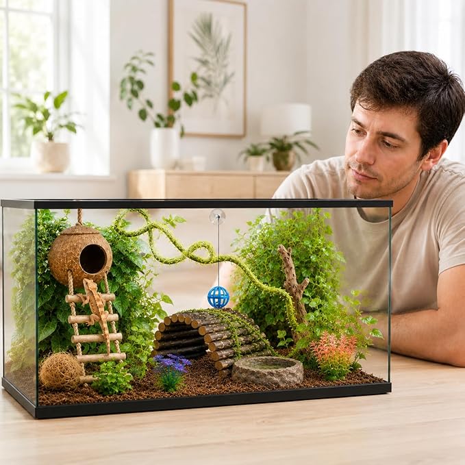 RUNANIA Crested Gecko Tank Accessories，Reptile Vines Plants with Coconut Shell Ladder Hideout Hermit Crab Decor for Leopard Gecko Lizard Chameleon Tortoise Snake Terrarium Decor