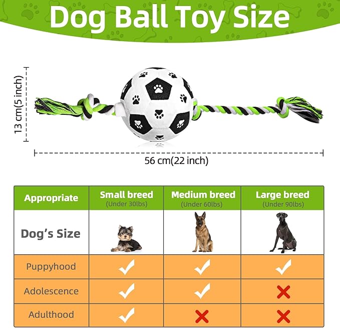 QDAN Dog Soccer Ball for Dogs, Durable Outdoor Dog Toys, Plush Dog Balls, Pet Rope Birthday Toys for Small to Large (Black)