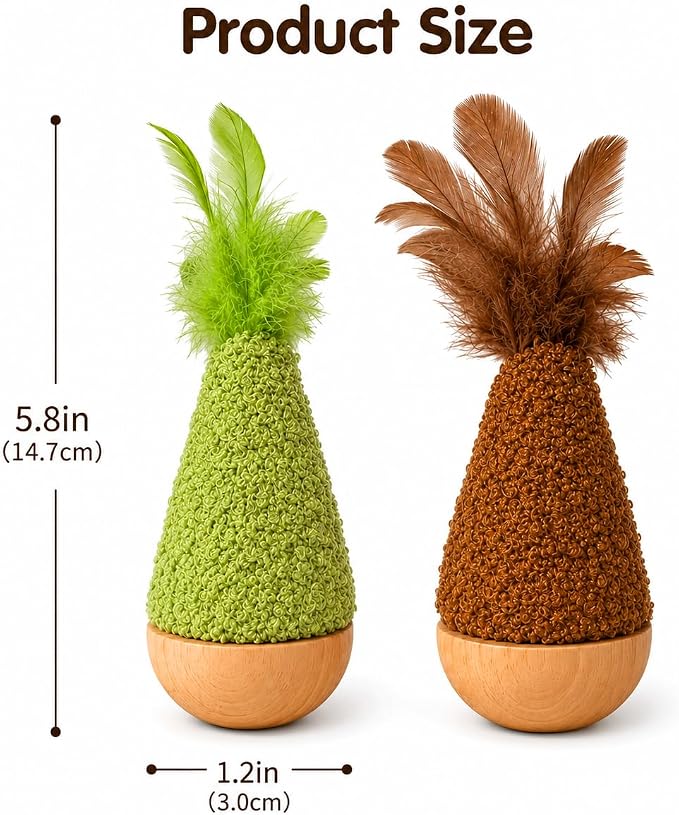 2-Pack Interactive Self-Righting Wobble Cat Toy with Feather, Fluffy Plush Wooden Tumbler for Bored Adult Indoor Cats Silent Self Play Cat Enrichment Toy, Green & Brown