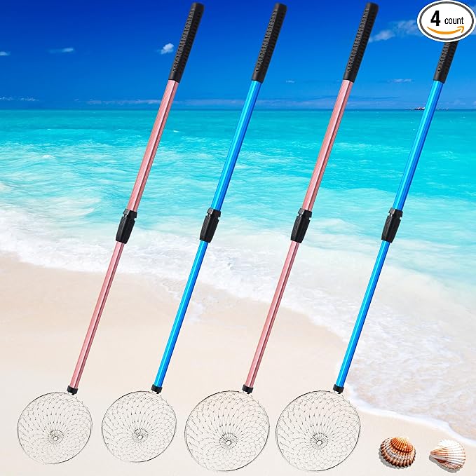 Roshtia 4 Pcs Beach Sand Sifter Set, Adjustable Long Handle Shell Scoop, Shark Tooth Sifter Mesh Shovel for Family Seashell Collecting, Sea Glass Hunting and Beach Treasure Fun