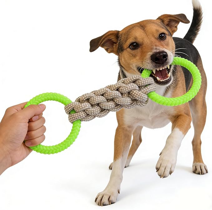 Tug of War Dog Toy - Rubber & Cotton Rope Toys for Dogs, Large Double Ring Dog Tug Toy, Interactive Dog Toys for Small Medium Large Dogs