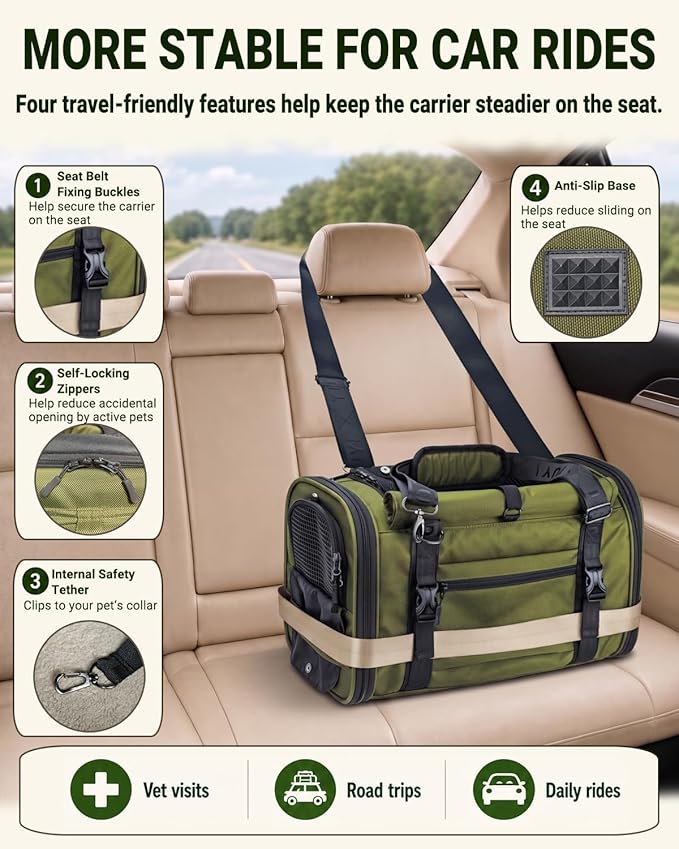 Soft Sided Cat Carrier for Anxious Cats with Privacy Flaps, Airline Approved & Car Seat Safe Pet Carrier for Small Dogs & Cats, 17 x 9.5 x 10.5 in, Reinforced Resin Mesh, Metal Buckles, Green
