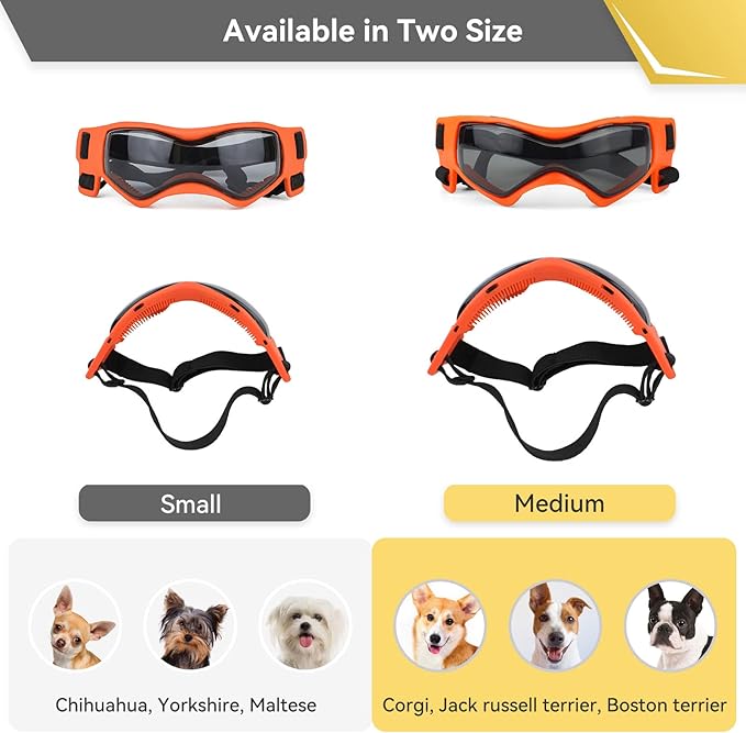 PETLESO Dog Goggles for Small to Medium Breed, Anti-UV Dog Sunglasses Outdoor Riding Driving Hiking, Pet Glasses Windproof Anti-Fog Dustproof Snowproof, Adjustable Straps, Medium Orange