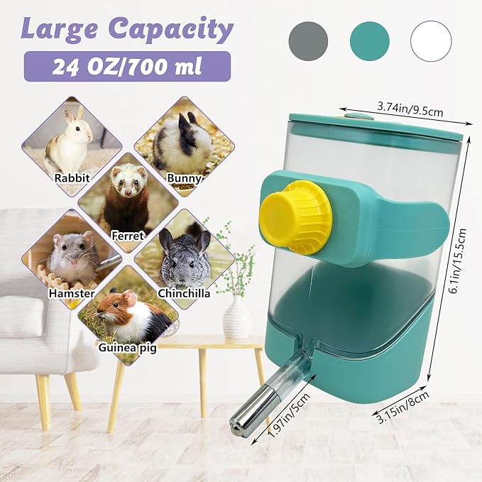 24oz Automatic Rabbit Water Dispenser for Cage Hanging Guinea Pig Water Bottle No Drip Bunny Water Feeder for Ferret Rat Hamster Chinchilla and Other Small Animals (Green)