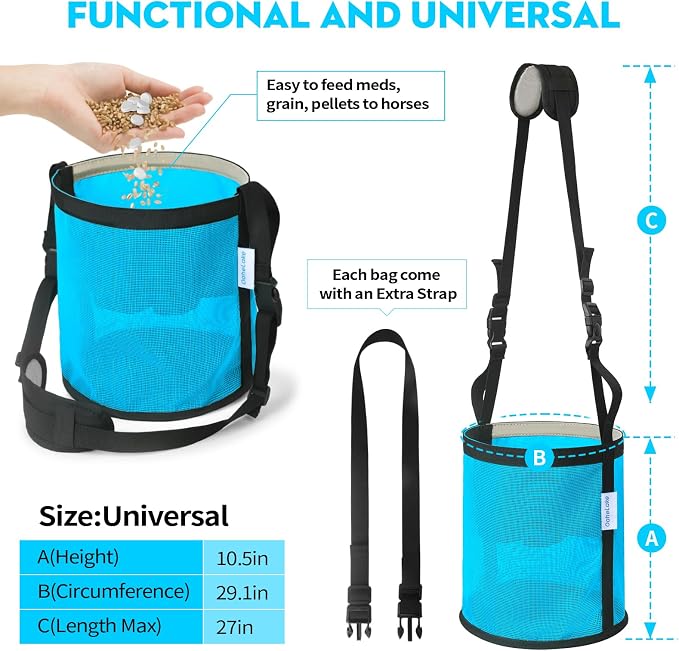 Horse Feed Bag 2 PCs, Breathable Mesh Feed Bags for Horses, Muzzle Feedbag for Feeding Grain, Anti-Spill Design Feeder, Soft Neck Pad Nose Pad, Universal Fit (Sky Blue)