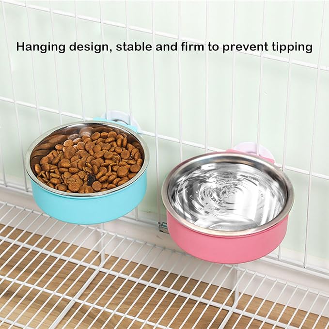 2 Pcs Crate Dog Bowl, Removable Stainless Steel Hanging Pet Food Water Feeder Pet Kennel Cage Bowl for Puppy Cat Rabbit Ferret Guinea Pig (Pink&Green)