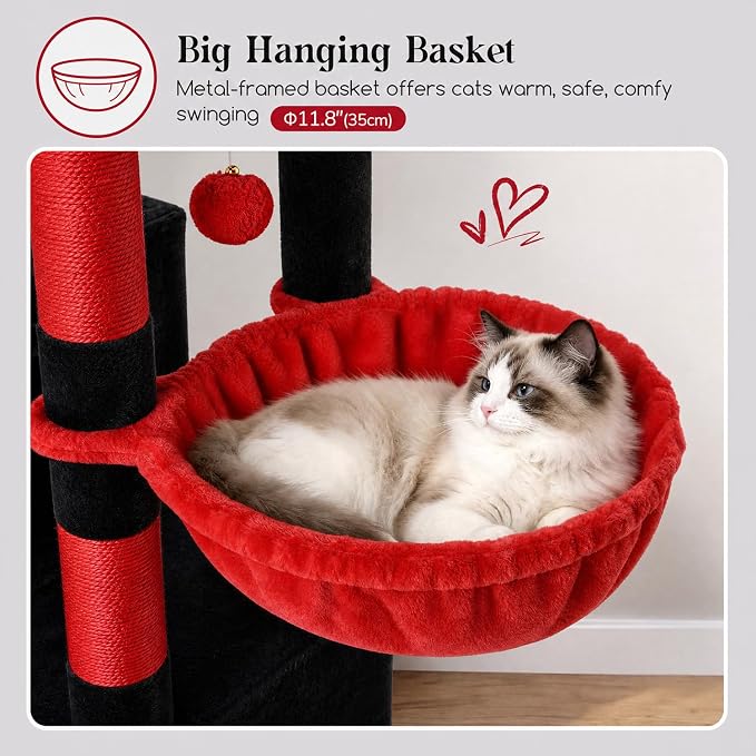 Globlazer Gothic Cat Tree Tower with 2 Spacious Condos for Multiple Indoor Cats, 52in Multi-Level Goth Cat Condo Tower with 5 Scratching Posts, Padded Perch, Big Basket, Widened Base, S52, Black Red