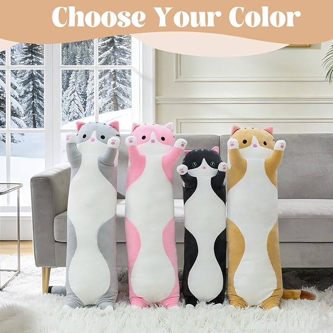 Cute Cat Plush Long Body Pillow – Soft Cartoon Stuffed Animal Doll, Kawaii Cat Plushie Cuddle Toy for Kids, Girls & Girlfriend (Gray, 35.4 Inch)