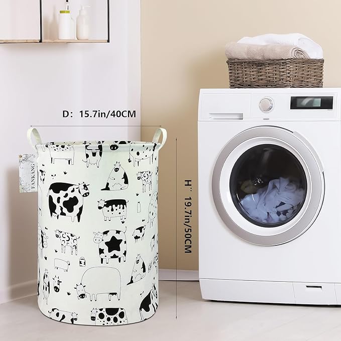 Storage Basket, Nursery Hamper Canvas Laundry Basket Foldable with Waterproof PE Coating Large Storage Baskets for Kids Boys and Girls, Office, Bedroom, Clothes,Toys（Cows）