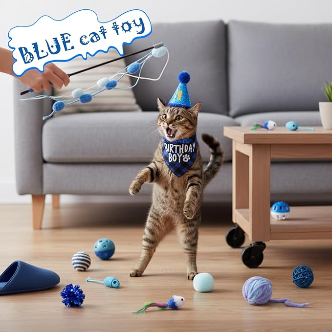 Zopeal Mother’s Day Cat Toy Set Interactive Cat Toys Pack Including Feather Teaser Wand Plush Gift Outfit Mice Crinkle Balls and Pet Bell Balls, Puzzle for Indoor Cats Gift Basket for Kitten(Blue)