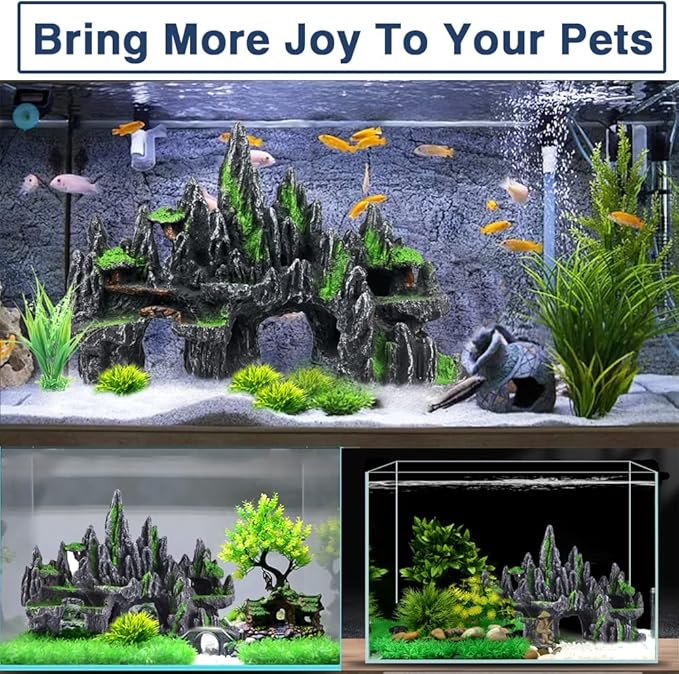 Large Fish Tank Decorations - Fish Tank Decor Aquarium Rock Mountain View Aquarium Ornament Tree House Cave Fishtank Rocks for Large Fishtank Glofish Tank Decorations
