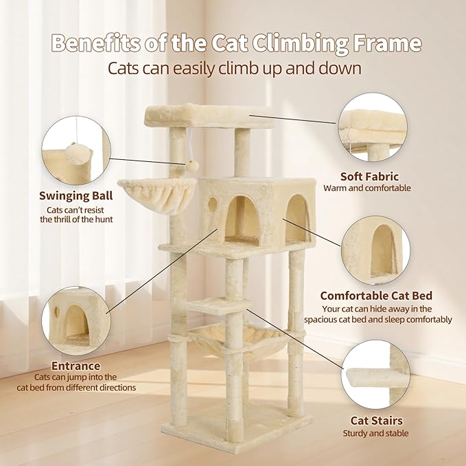 56.2 Inch Cat Tree Condo, Multi-Level Tower with Sisal Scratching Post, Cat House, Plush Toy & Indoor Play Gym (Beige)