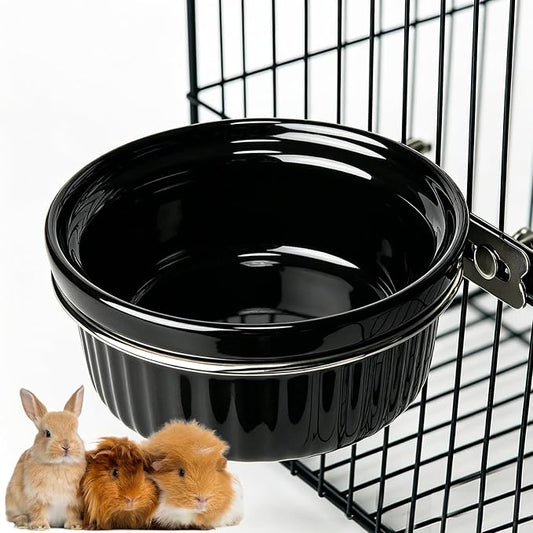 Rabbit Hanging Ceramic Bowl, Removable Cage Feeder Thick Ceramic Bowl with Stainless Steel Support Ring Pet Water Food Bowl for Small Animal Chinchilla Ferret Small Dog & Cat (4.92 * 1.97”) (Black)