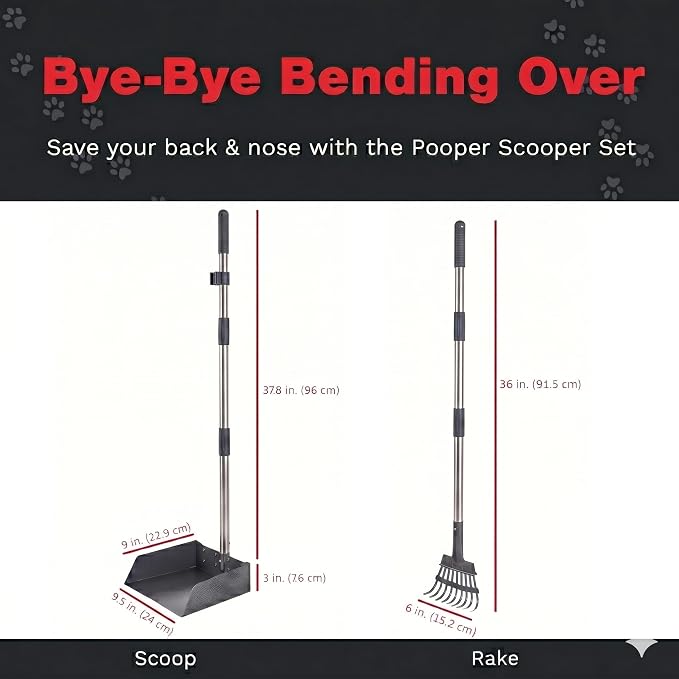 Pawler Pooper Scooper for Large Dogs, Small Dogs and Horses, Metal Poop Scooper Set with Long Handle Rake and Tray for Yard, Grass, Dirt or Gravel, Heavy Duty Aluminum Poop Picker Upper