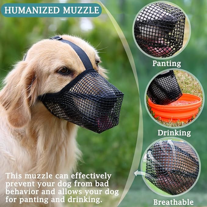 Mayerzon Dog Muzzle, Patented Mesh Muzzles for Small Medium Large Dogs, Soft Covered Mouth Guard with Adjustable Straps, Prevent Biting Chewing and Licking